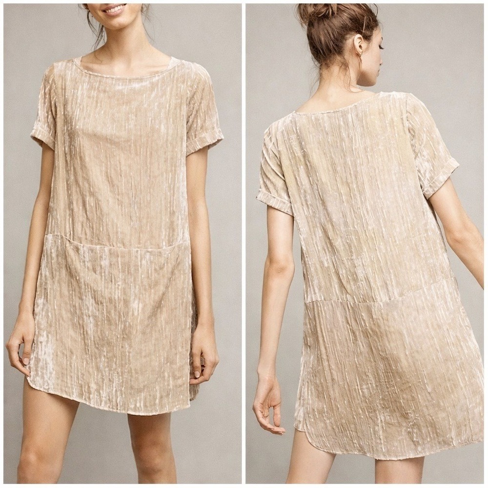 Anthropologie NEW Floreat Champagne Crinkle Crushed Velvet Shift Dress Medium